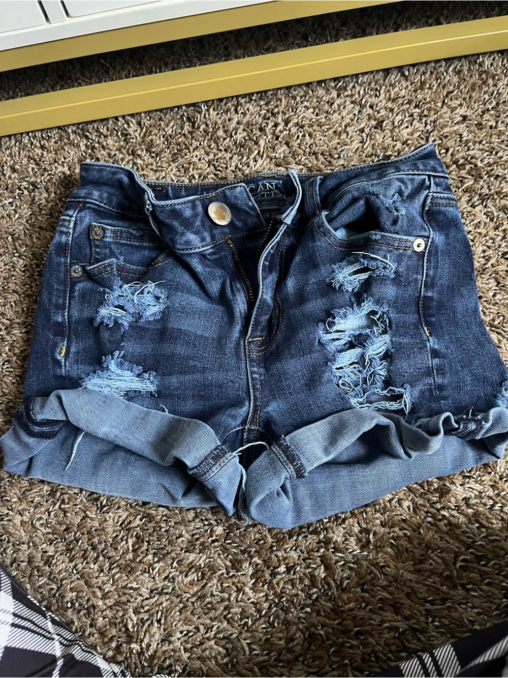 American Eagle Outfitters Dark Blue Distressed Roll-Cuff Denim Shorts